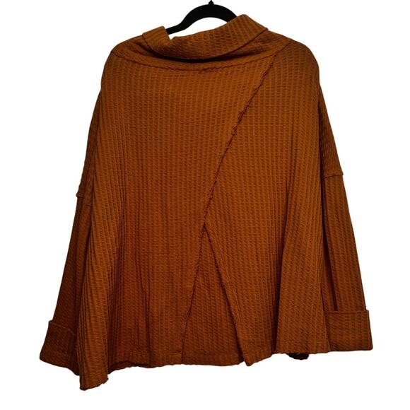 Free People Waffle Knit Cowl Neck Tunic Top Small Rust Orange Boho Layered Hem - Picture 6 of 6
